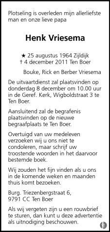 2011 overlijdens advertentie Henk Vriesema