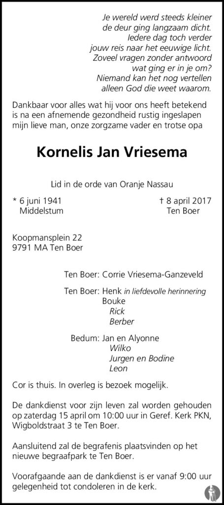 overlijdens advertentie Kor Vriesema